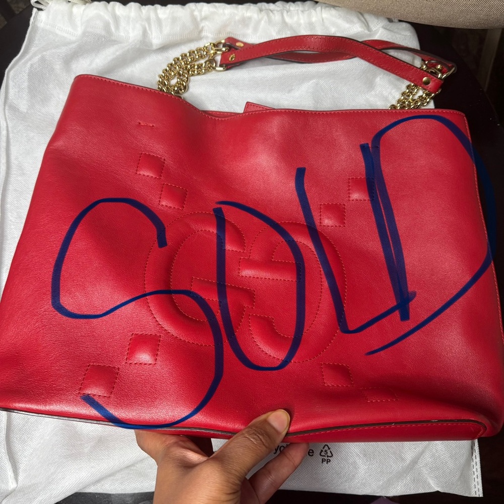 SOLD: Gucci Red and Gold Leather Shoulder Bag with Chain Detail